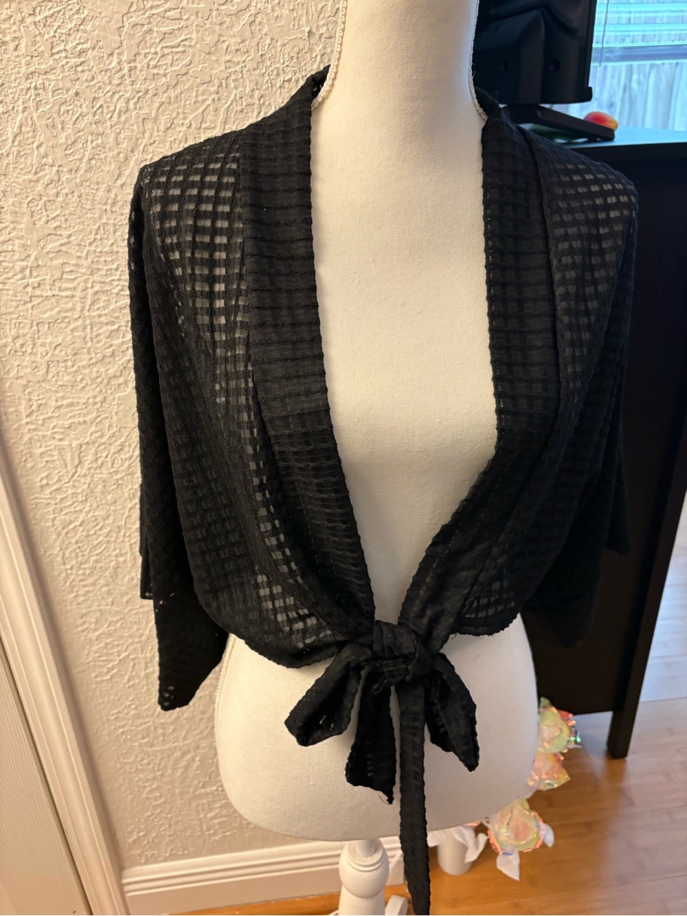 Black Textured Tie-Front Women's Top